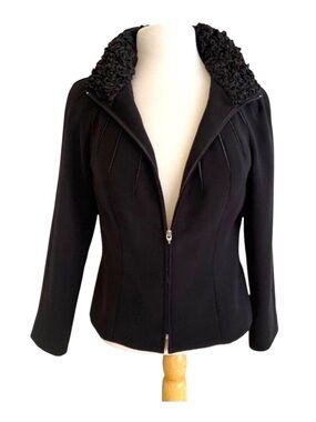Joseph Ribkoff Black Jacket With stunning Ruffled Collar Front Zip Womens Size 8